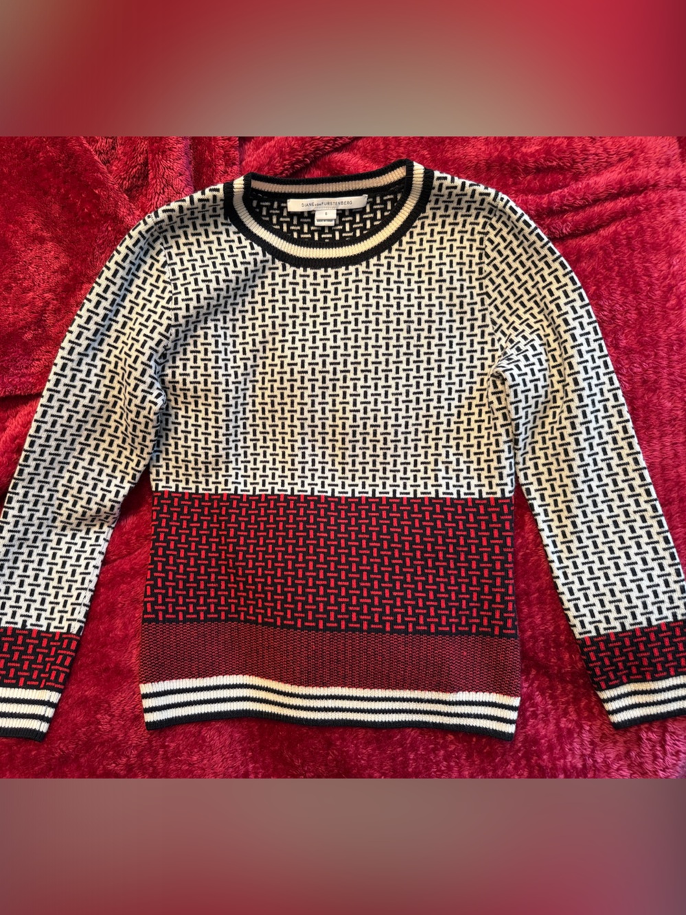 Diane Von Furstenberg Black, White & Red Patterned Crewneck Sweater - wool blend